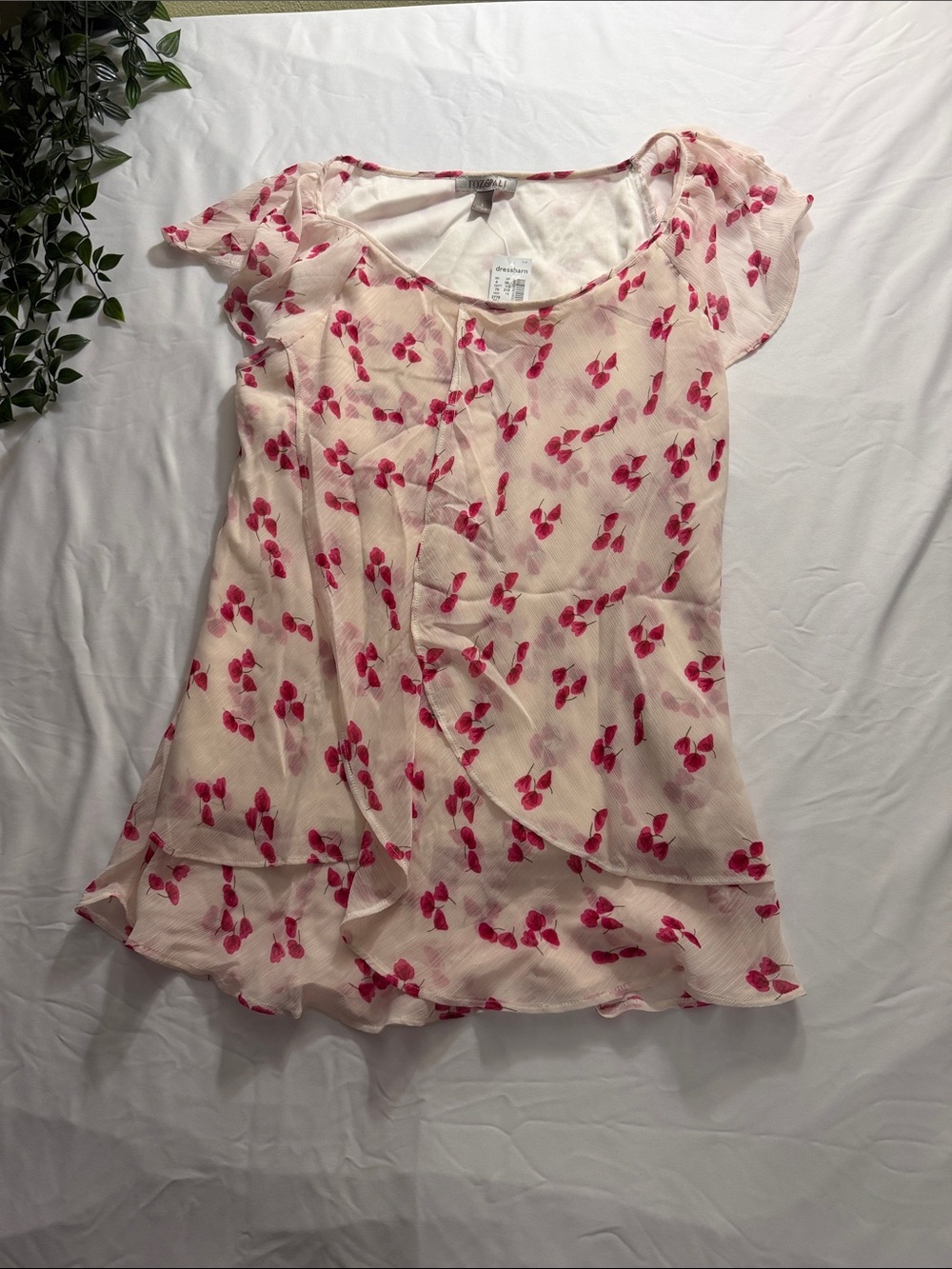 Roz & Ali Pink Floral Sheer Ruffle Sleeve Blouse